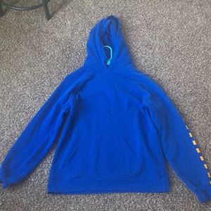 Royal blue hoodie with yellow checkered sleeves